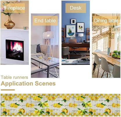 Lemon Table Runner , Summer Yellow Fruits Green Leaves Kitchen Dinning Table Decoration for Indoor Outdoor Home Party Decor 13x90 in