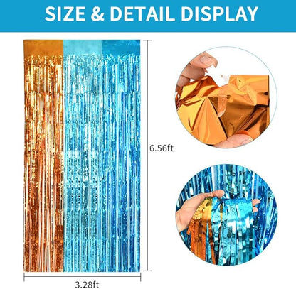 TONIFUL Orange Blue Door Streamers,Blue and Orange Photo Booth Backdrop Metallic Streamers Foil Fringe Curtain for Birthday,New Year,Graduation,Grad,Bachelorette Party Streamers Decoration