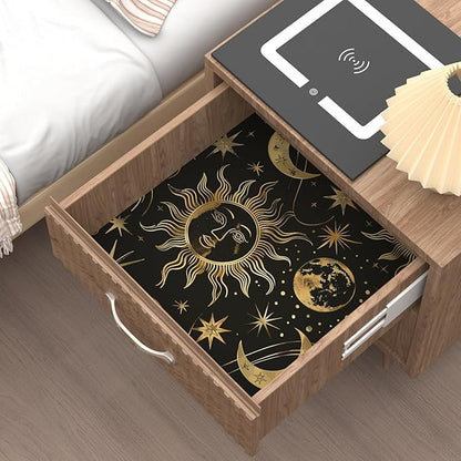 Black Peel and Stick Removable Vintage Wallpaper Gold Celestial Sun Moon Star Contact Paper 17.5" x 393" Dark Boho Mural Waterproof for Wall Bedroom Kitchen Bathroom Cabinet Room Decor
