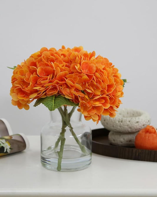 Lifelike Artificial Hydrangea Arrangement in Decorative Vase - Real Touch Fake Flowers for Home, Office, Bathroom or Water Bar Decor, Elegant Table Centerpiece (No Water Needed) (Orange)