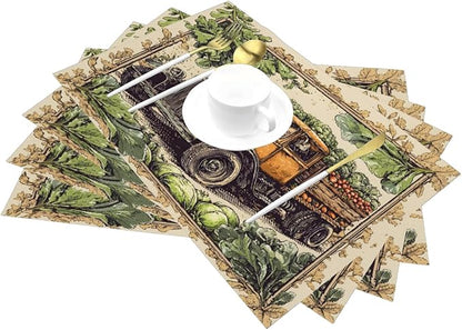 PVC Placemats Set of 4 Wipeable Table Mats Washable Heat Resistant Non Slip Vinyl Dining Table Mat for Kitchen Indoor Outdoor Patio Farmhouse Place Mats Retro Fall Truck Decorative