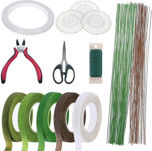 Floral Arrangement Tool Kit, Woohome 2 Style Tape Stem Wrap, 2 Style Floral Wire, Wire Cutter, Scissors and Head Pins for Wedding Bouquet DIY
