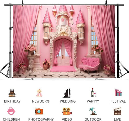 6x4ft Pink Castle Backdrop Room Door Curtain Photography Background Flowers Vases Sofa Princess Girl Birthday Banner Decorations Newborn Baby Shower Wedding Party Portrait Photo Booth Prop