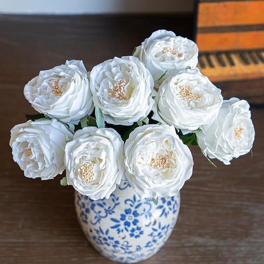 DUYONE White 4pcs Fake Flowers for Decoration Home Decor Real Touch Artificial Flowers Austin Rose Peony Latex Fake Flower Living Room Decoration Vivid Pink Roses Peonies(White 4pcs)