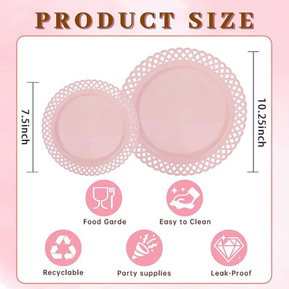COLOSUS 60Pcs Pink Plastic Plates, Plastic Disposable Plates, Fancy Pink Scallop plates, Heavy Duty Lace Plate Set include 30 Dinner Plate 10” and 30 Salad/Dessert Plate 7.5”for Christmas
