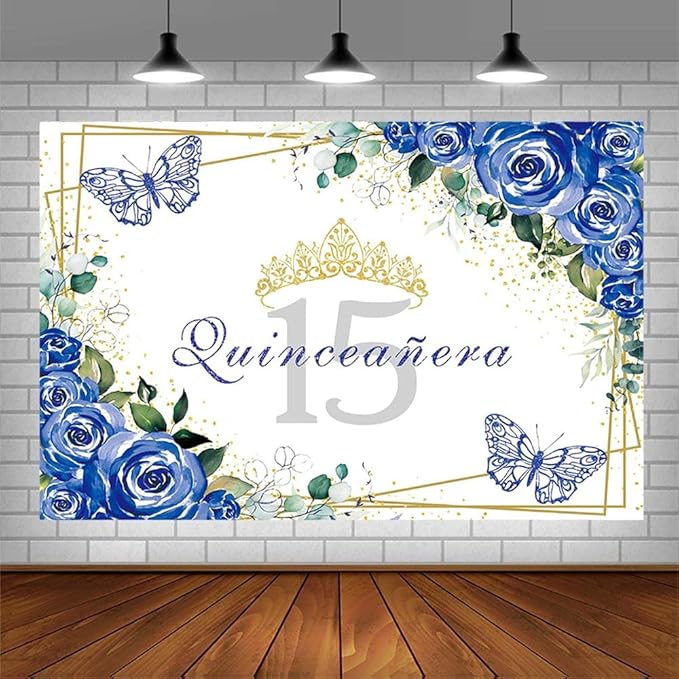 SENDY 10x7ft Quinceañera Backdrop Mis Quince 15 Anos Birthday Party Decoration Supplies for Girl Princess Royal Blue Floral Butterfly Gold Crown Photography Background Banner Photo Booth Studio Props
