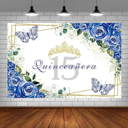 SENDY 10x7ft Quinceañera Backdrop Mis Quince 15 Anos Birthday Party Decoration Supplies for Girl Princess Royal Blue Floral Butterfly Gold Crown Photography Background Banner Photo Booth Studio Props