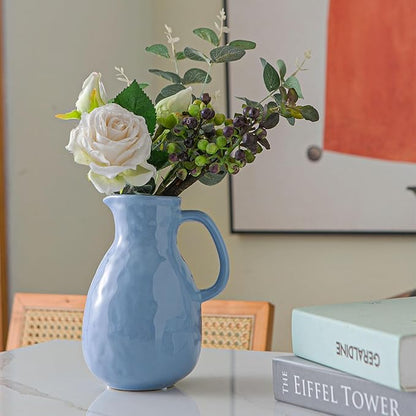 Blue Ceramic Vase with Handle, Pitcher Vases for Modern Farmhouse Home Decor, Small Pottery Flower Jug for Living Room Bedroom Kitchen Office Shelf Decor Centerpiece Table Decoration