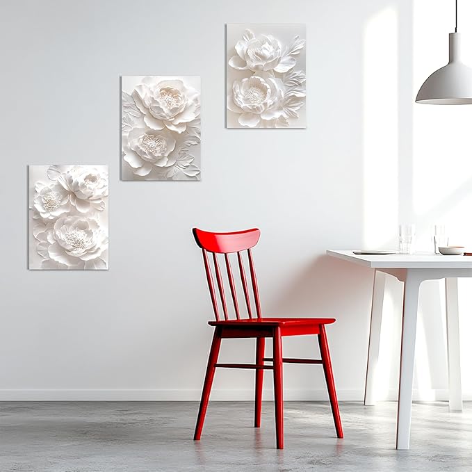 Sepwrol White Flower Canvas Wall Art Modern Abstract Rose Blooming Floral Textured Printing Artwork for Home Bedroom Living Room Wall Decor, 12"x16" 3 Panel (White-2)