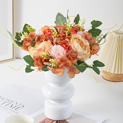 ASTRYAS 2 Bundles Artificial Flowers Bouquet, Fake Peony Silk Chrysanthemums Roses Faux Floral Arrangements for Home Decor Kitchen Table Centerpieces Decoration (Beige & Orange)