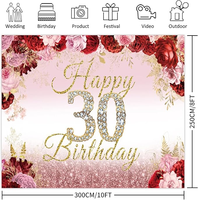 10x8ft Happy 30th Birthday Backdrop Pink Red Rose Flower Bush Garden Birthday Photography Background Floral Themed Women 30th Birthday Party Decoration