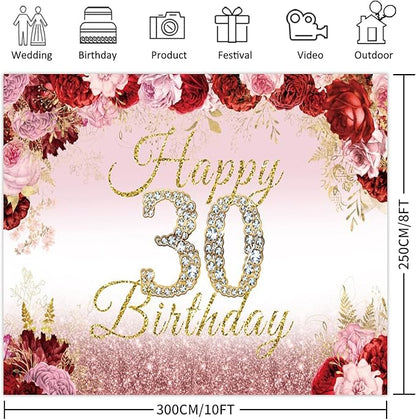 10x8ft Happy 30th Birthday Backdrop Pink Red Rose Flower Bush Garden Birthday Photography Background Floral Themed Women 30th Birthday Party Decoration