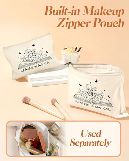 2 Pack Canvas Tote Bag - with Makeup Pouch Aesthetic Cute Women Reusable Canvas Bag for Shopping, Work, Travel