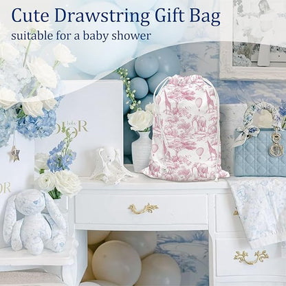 DSHFG Light Pink Drawstring Birthday Gift Bags, Safari Toile Chinoiserie Animals Baby Shower Drawstring Gift Bags Canvas, Pink and White Small Happy Birthday Bag, Gifts for Women, 10x13 Inch