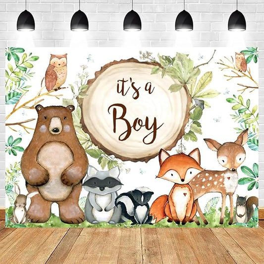 12x8ft Woodland Baby Shower Backdrop It's a Boy Photography Background Jungle Green Grass Leaves Animals Bear Fox Deer Baby Boys Party Banner Decorations Newborn Portrait Photo Booth Prop