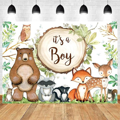 15x8ft Woodland Baby Shower Backdrop It's a Boy Photography Background Jungle Green Grass Leaves Animals Bear Fox Deer Baby Boys Party Banner Decorations Newborn Portrait Photo Booth Prop