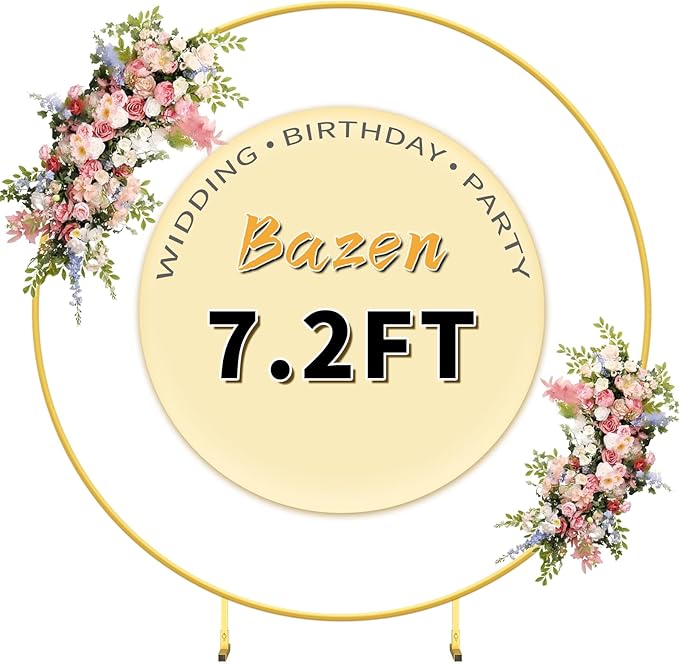 7.2FT Round Backdrop Stand Gold - Circle Balloon Arch Kit Frame Wedding Balloon Arch Kit with Stand Base Flower Ring Arch for Ceremony Birthday Party Baby Shower Christmas Thanksgiving Day