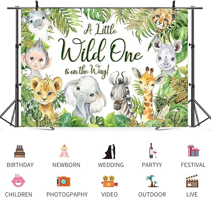 15x8ft Baby Shower Backdrop A Little Wild One is On The Way Photography Background Jungle Animals Tropical Green Leaf Newborn Birthday Party Banner Decorations Gender Reveal Photo Booth Prop