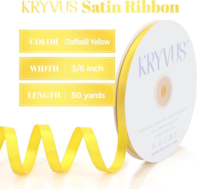 Daffodil Yellow Satin Ribbon, Double Faced 3/8 Inch X 50 Yards Daffodil Ribbon, Premium Satin Ribbon for Gift Wrapping, Crafts, Hair Bow Making, Sewing, Flower Bouquet, Wedding Party Decor