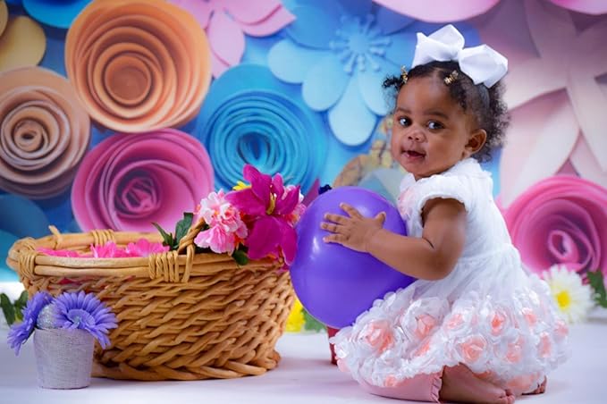 Paper Flower Backdrop for Mother's Day - Colorful Flowers Wall Photography Background - Lovely Style Blue Pink - Women Girls Birthday Party Decoration - Portraits Shooting Props (7x5ft)
