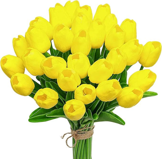 30 Pcs Fake Latex Tulips Artificial Flowers Faux Tulip Stems Real Touch Tulips for Wedding Party Home Decoration(Yellow)