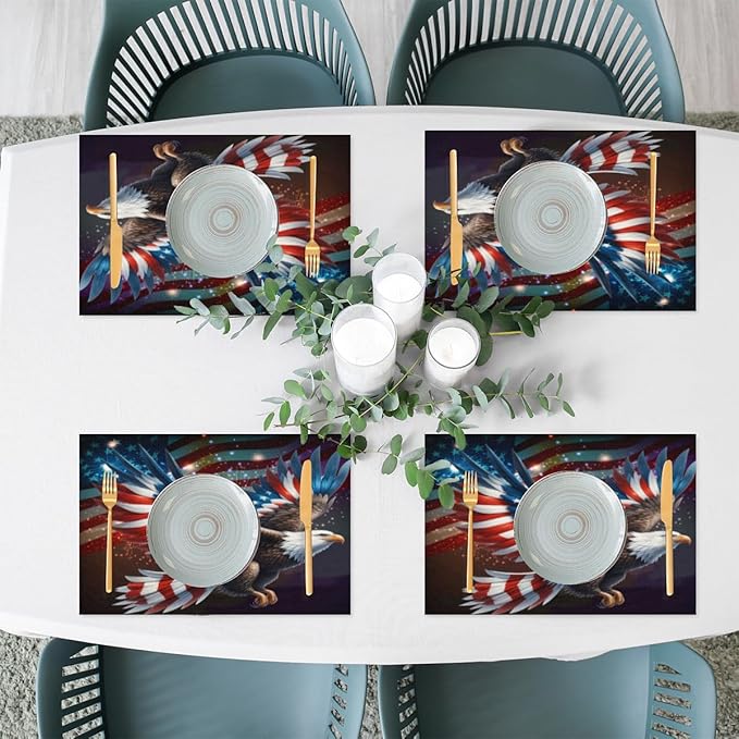 Independence Day Bald Eagles Flag Placemats Set of 6 PVC Vinyl Non Slip Table Mats Waterproof Heat Resistant Place Mats Washable Wipeable Dining Table Mat for Kitchen Party Indoor Outdoor Decorative