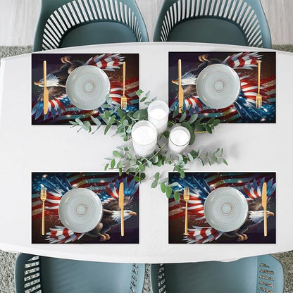 Independence Day Bald Eagles Flag Placemats Set of 1 PVC Vinyl Non Slip Table Mats Waterproof Heat Resistant Place Mats Washable Wipeable Dining Table Mat for Kitchen Party Indoor Outdoor Decorative