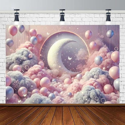 Dreamy Moon and Balloons Backdrop Pink Dreamy Balloon Moon Baby Birthday Decoration Kids Portrait Photo Backdrop Newborn Baby Photography Background (8x6feet)