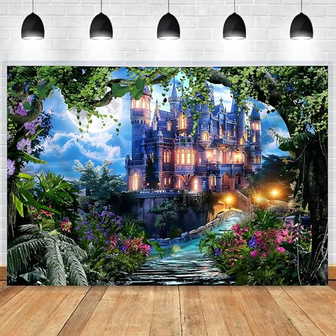 12x8ft Spring Fantasy Castle Palace Backdrop Vinyl Fairy Tale Prince Princess Flower Forest Wonderland Castle Photography Background Girl Home Decor Birthday Party Portrait Photo Props