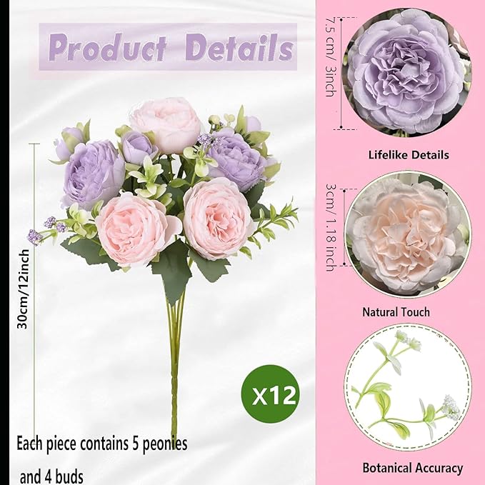 Peonies Artificial Flowers 12 Bundles Pink Flowers Bouquet, Lifelike Silk Fake Peonies with Stems for Home Table Centerpieces, Wedding, Party & DIY Bridal Floral Arrangements (Light Purple)
