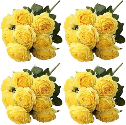 Jasion 4 Bundles Artificial Roses Flowers 10 Heads Arrangement Silk Bridal Bouquet for Home Office Parties and Wedding Decoration (Yellow 4pcs)