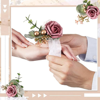 12 Pcs Wedding Wrist Corsage and Boutonniere Set Rose Wrist Corsage for Prom Boutonniere for Men Wedding Flowers Accessories Prom Suit Decorations for Wedding Ceremony Anniversary (Dusty Rose)