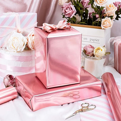 Merture Pink Wrapping Paper Roll Reversible - 17 In X 32.8 Ft(46.5 sq.ft.) Metallic Pink and Stripe Design Gift Wrap for Mothers Day, Wedding, Birthday, Christmas, Baby Shower, Valentines Day