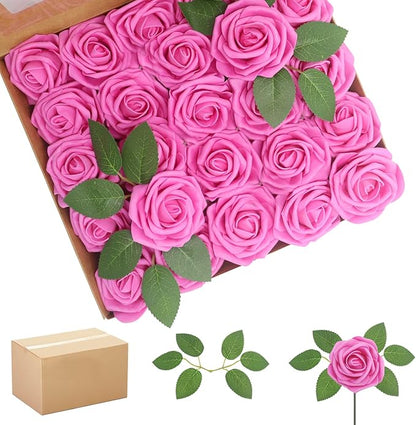 200Pcs Hot Pink Artificial Flowers Roses Real Looking Foam Fake Roses with Leaves and for DIY Wedding Bouquets Bridal Shower Centerpieces Party Decorations (Hot Pink, 200)