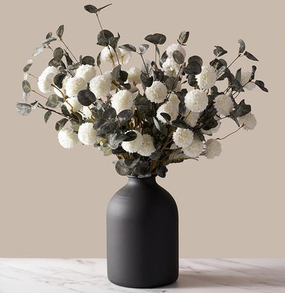 Laelfe 10 Kiku Artificial Flowers + 5 Large Eucalyptus Branches, Silk Fake White Flowers Pompon Mums (Ball Flower Stems) - Decor for Home, Wedding Filler, Centerpieces & Shower Arrangements