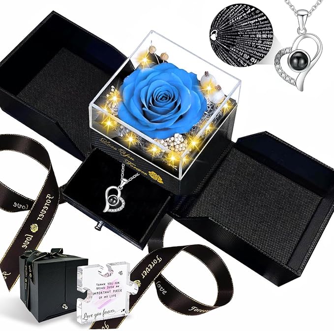Preserved Real Rose-Eternal Flowers Rose Mothers Day for Mom Women Her Wife Girlfriend on Birthday Valentines with I Love You Necklace 100 Languages Romantic Gift (Light Blue)