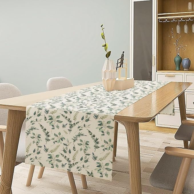 Watercolor Leaf Table Runner, Green Botanical Leaves Nature Decor Table Runner for Kitchen Dining Party Picnic Decoration, 13x36 Inch