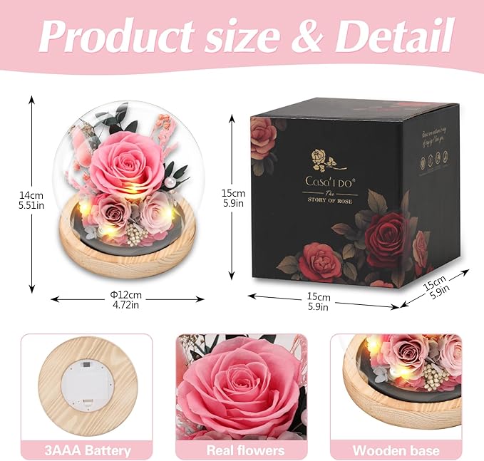 Preserved Roses Flowers for Delivery, Pink Forever Flores in Glass Dome for Women Mom Grandma Wife Girlfriend, Eternal Rose Anniversary Birthday Gift for Valentines Mothers Day Christmas