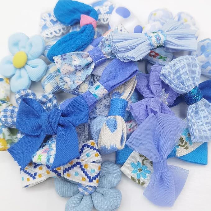 Chenkou Craft Mix Bulk Random 20pcs Blue Fabric Ribbon Flowers Bows Craft Wedding Ornament Appliques (Blue)