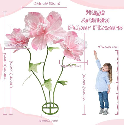 Large Artificial Paper Flowers Decoration, Giant Fake Flower with Standing Base Home Hotel Office Wedding Background Shop Window Display Photography Props Baby Shower Banquet Art Gallery Decor, Pink