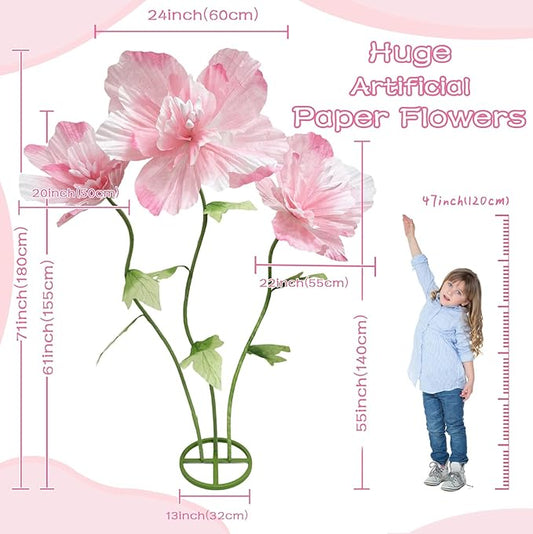 Large Artificial Paper Flowers Decoration, Giant Fake Flower with Standing Base Home Hotel Office Wedding Background Shop Window Display Photography Props Baby Shower Banquet Art Gallery Decor, Pink