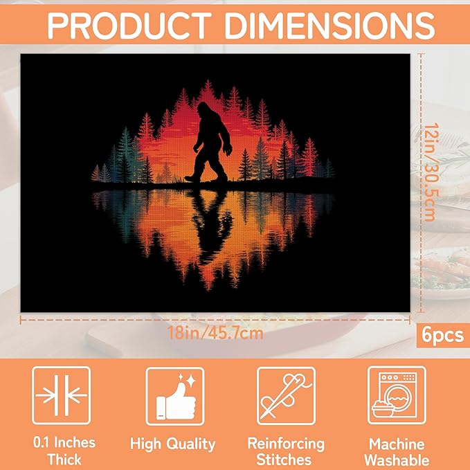 Big Foot Forest Placemats Set of 6,Washable Kitchen Dining Linen Table Mats for Home Party Dinner Indoor Outdoor 12x18Inch