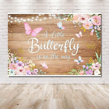 7x5ft Butterfly Baby Shower Backdrop A Little Butterfly is on The Way Photography Background Rustic Wooden Pink Floral Flowers Princess Girl Newborn Party Banner Decoration
