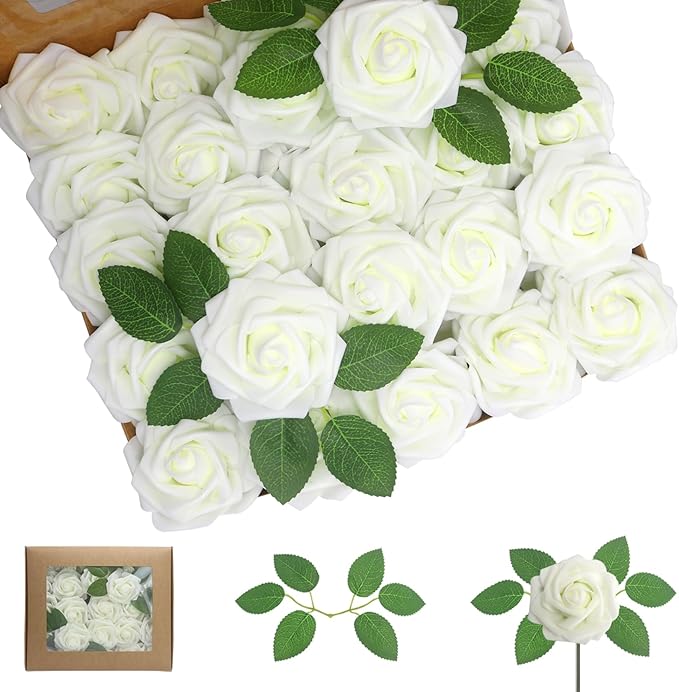 100PCS Artificial Flowers Milk White Roses Real Looking Foam Fake Roses with Leaves and for DIY Wedding Bouquets Bridal Shower Centerpieces Party Decorations (Ivory, 100)