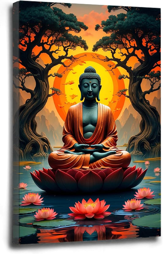 Canvas wall art Golden Buddha on lotus at sunset Ancient trees with reflections on water Serene meditation scene Uplifting wall art for mindfulness and tranquil home decor 12x18in Wood Framed
