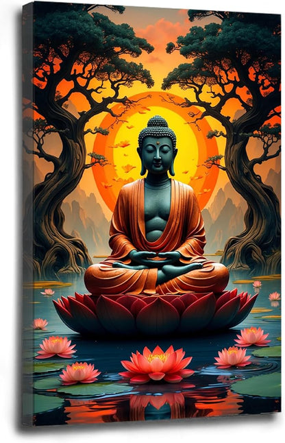 Canvas wall art Golden Buddha on lotus at sunset Ancient trees with reflections on water Serene meditation scene Uplifting wall art for mindfulness and tranquil home decor 16x24in Wood Framed