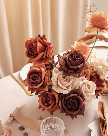 TINGE TIME Artificial Flowers Combo Box Set 16PCS Fake Rose Silk Flower with Stem for DIY Wedding Bouquets Centerpieces Baby Shower Party Home Fall Decoration (Gradient Burnt Orange)