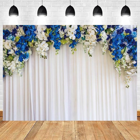 12x8ft White Wedding Backdrop White Blue Floral Flowers Photography Background Bride Groom Ceremony Party Bridal Shower Banner Decorations Engagement Proposal Portrait Photo Booth Prop