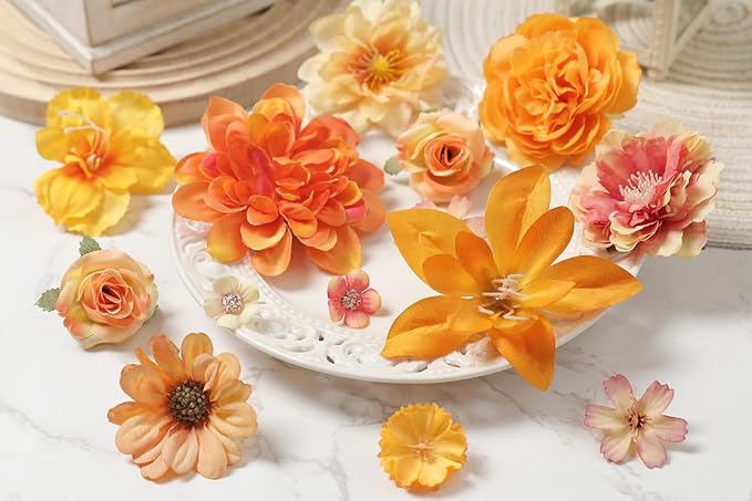 Artificial Flower Heads Combo - Orange Silk Dahlia & Roses Fake Flowers for Wedding, Party, Graduation Cap DIY, Cake Decoration, Table Centerpieces, Home Decor