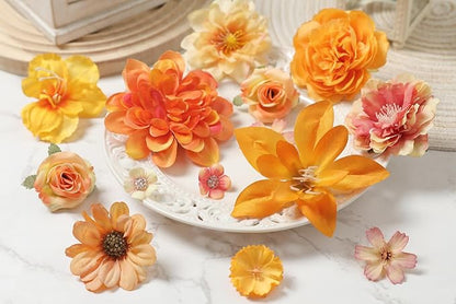 Artificial Flower Heads Combo - Orange Silk Dahlia & Roses Fake Flowers for Wedding, Party, Graduation Cap DIY, Cake Decoration, Table Centerpieces, Home Decor
